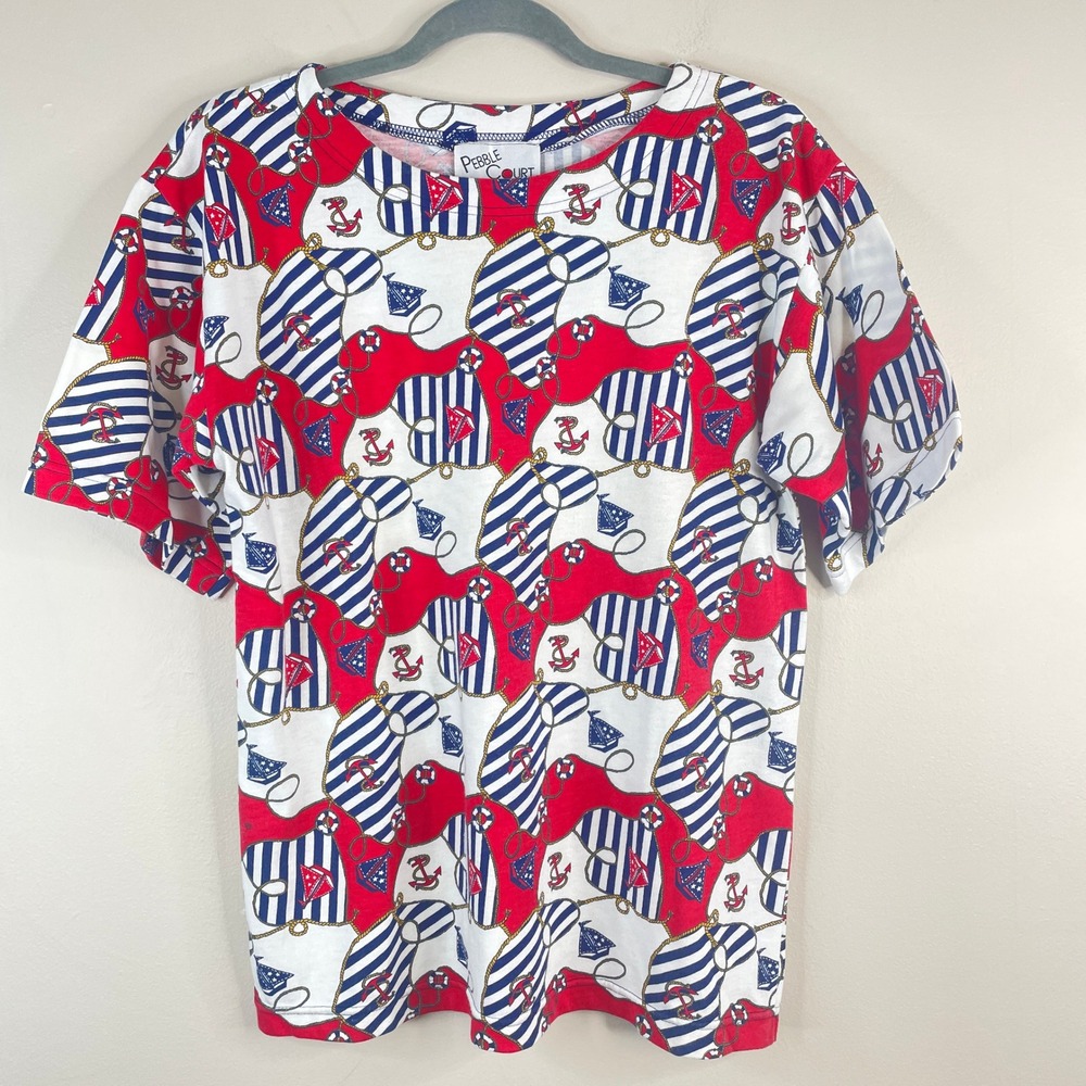Vintage Patriotic Nautical Top Womens Small Coastal 80s Rope Anchor Print Stripe